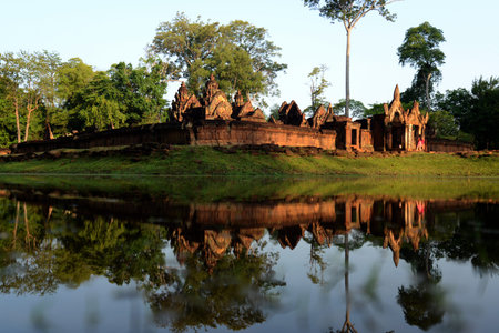 The Tempel Ruins of  Banteay Srei about 32 Km north of the Temple City of Angkor near the City of Siem Reap in the west of Cambodia.  Cambodia, Siem Reap, April 2014のeditorial素材