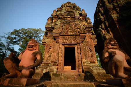 The Tempel Ruins of  Banteay Srei about 32 Km north of the Temple City of Angkor near the City of Siem Reap in the west of Cambodia.  Cambodia, Siem Reap, April 2014のeditorial素材