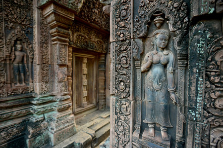 stone carving at a door of the Tempel Ruins of  Banteay Srei about 32 Km north of the Temple City of...