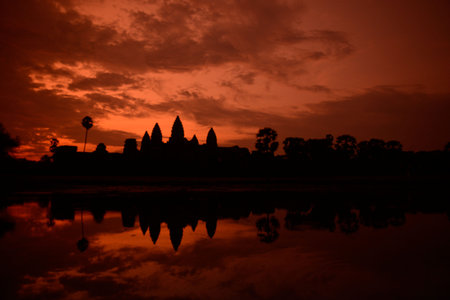 Sunrise at the Angkor Wat Temple in the Temple City of Angkor near the City of Siem Reap in the west...