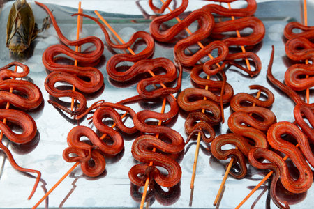 snakes at the food market at the Psar Chaa or Old Market in the City of Siem Reap in Cambodia. ...