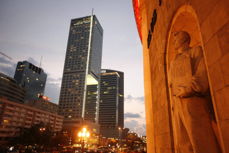 the skyline in the city centre in the City of Warsaw in Poland, East Europe.のeditorial素材