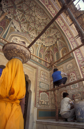 Renovations at the Amber Fort in the City of Jaipur in the Province of Rajasthan in India.  India, Jaipur, January, 1998のeditorial素材