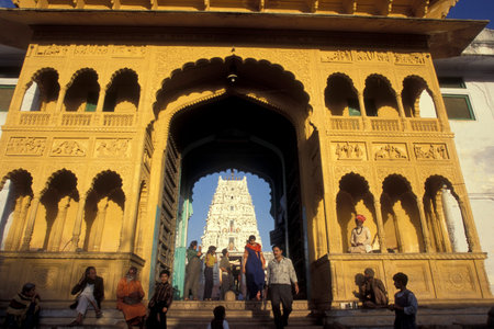 The entry of the old Rangji Temple in the Town of Pushkar in the Province of Rajasthan in India. ...