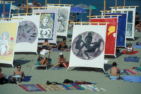 art paintings as decoration at a public beach in Rimini in Emilia-Romagna in Italy.   Italy, Rimini, June, 2001のeditorial素材