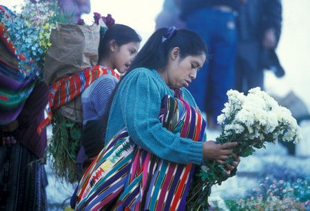 people in traditional clotes at the Market in the Village of  Chichi or Chichicastenango in Guatemala in central America.のeditorial素材