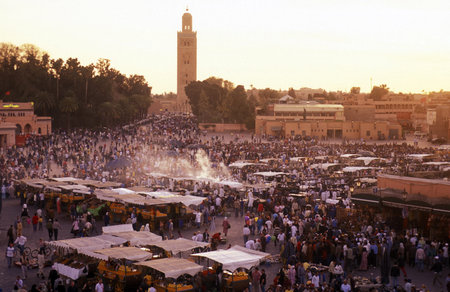 The Streetfood and Nightlife at the Djemma del Fna Square in the old town of Marrakesh in Morocco in...