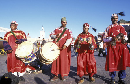 Traditional Music player at the Djemma del Fna Square in the old town of Marrakesh in Morocco in...
