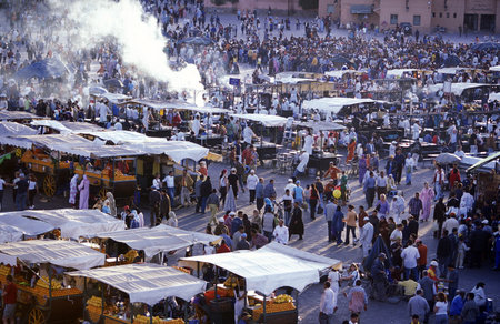The Streetfood and Nightlife at the Djemma del Fna Square in the old town of Marrakesh in Morocco in...