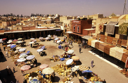 The Souq or Bazzar or Market in the old town of Marrakesh in Morocco in North Africa.のeditorial素材