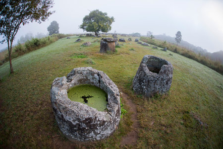 the plain of jars sit1 in the morning near the town of Phonsavan in the province Xieng Khuang in north Lao in southeastasia.のeditorial素材