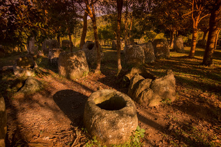 the plain of jars site 3 in the morning near the town of Phonsavan in the province Xieng Khuang in north Lao in southeastasia.のeditorial素材