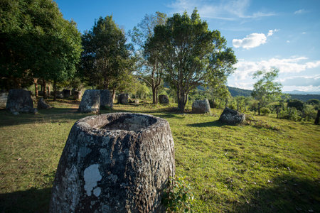 the plain of jars site 3 in the morning near the town of Phonsavan in the province Xieng Khuang in north Lao in southeastasia.のeditorial素材