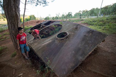 a old  russian tank of the vietnam war near the town of Phonsavan in the province Xieng Khuang in north Lao in southeastasia.のeditorial素材