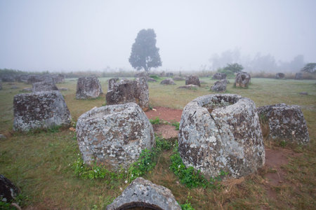the plain of jars sit1 in the morning near the town of Phonsavan in the province Xieng Khuang in north Lao in southeastasia.のeditorial素材