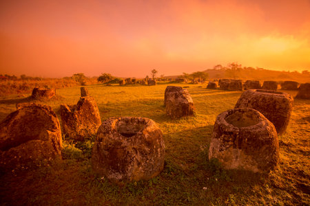 the plain of jars sit1 in the morning near the town of Phonsavan in the province Xieng Khuang in north Lao in southeastasia.のeditorial素材