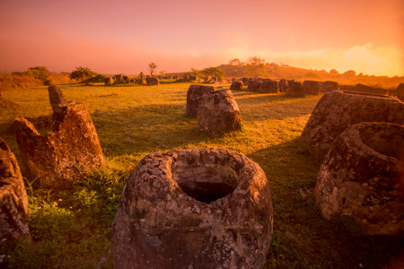 the plain of jars sit1 in the morning near the town of Phonsavan in the province Xieng Khuang in north Lao in southeastasia.のeditorial素材