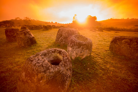the plain of jars sit1 in the morning near the town of Phonsavan in the province Xieng Khuang in north Lao in southeastasia.のeditorial素材