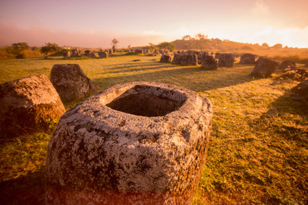 the plain of jars sit1 in the morning near the town of Phonsavan in the province Xieng Khuang in north Lao in southeastasia.のeditorial素材