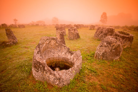 the plain of jars sit1 in the morning near the town of Phonsavan in the province Xieng Khuang in north Lao in southeastasia.のeditorial素材
