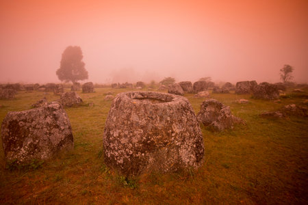the plain of jars sit1 in the morning near the town of Phonsavan in the province Xieng Khuang in north Lao in southeastasia.のeditorial素材