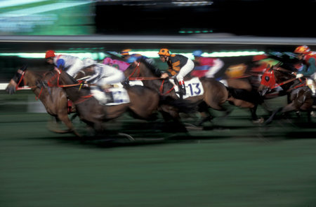 a horse Race at the Happy Valley racecourse in Central Hongkong in the city of Hongkong in Hongkong.  China, Hongkong, May, 1997のeditorial素材