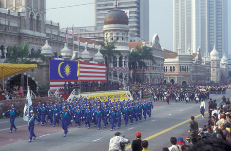 the Military Parade at the Malaysian National Day or Hari Merdeka, August, 31, in the city of Kuala Lumpur in Malaysia.  Malaysia, Kuala Lumpur, August, 1997のeditorial素材