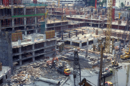 a large construction side in the city of Kuala Lumpur in Malaysia.  Malaysia, Kuala Lumpur, August,...