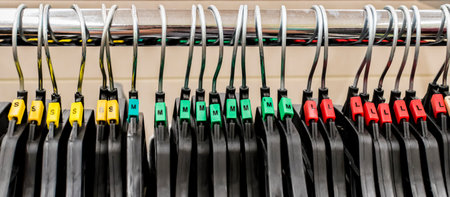 Many hangers on a rack in the store.