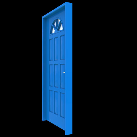 Blue door A well-lit passage positioned against a white background isolation.の写真素材