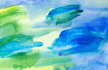 blue and green watercolors on paper texture, background design, hand painted elementの写真素材