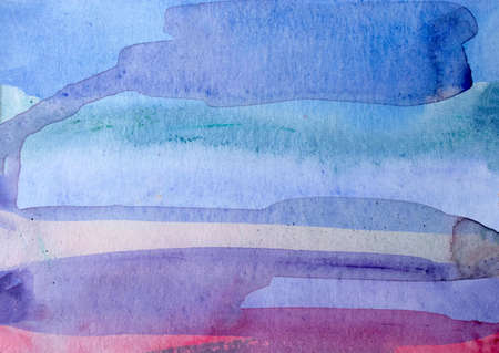 Abstract Hand painted blue purple watercolor background on wet paper, texture for creative wallpaper or design artwork.の写真素材