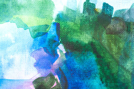 blue and green watercolors on paper texture, background design, hand painted elementの写真素材