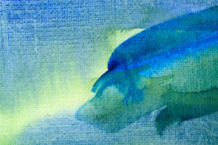 blue and green watercolors on paper texture, background design, hand painted elementの写真素材