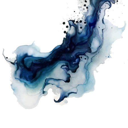Classic blue watercolor fluid painting vector design card. Dusty navy and golden geode frame. Winter wedding invitation. Snow,ice or veil texture. Dye splash style. Alcohol ink. Isolated and editableのイラスト素材