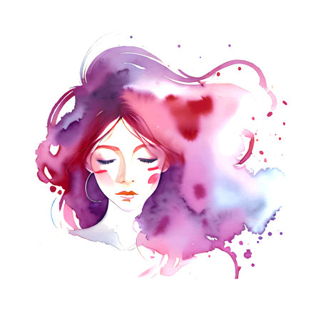 Watercolor Fashion Woman with Long Hair. Vector Illustration. Beautiful Mermaid Face. Girl Silhouette. Cosmetics. Beauty. Health and spa. Fashion themes.のイラスト素材
