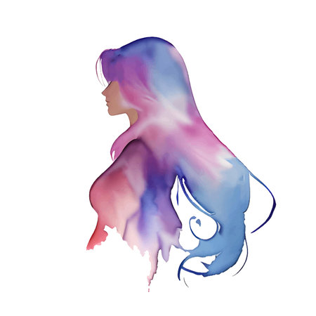 Watercolor Fashion Woman with Long Hair. Vector Illustration. Beautiful Mermaid Face. Girl Silhouette. Cosmetics. Beauty. Health and spa. Fashion themes.のイラスト素材