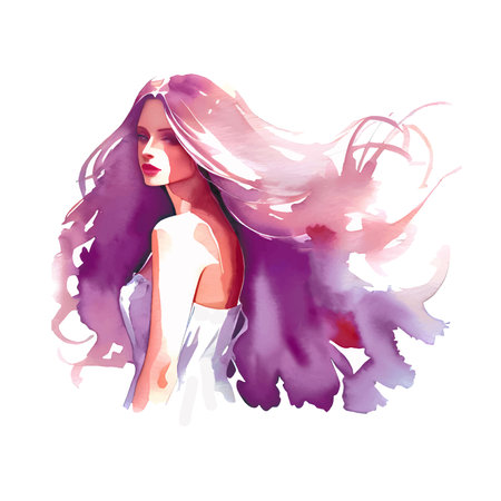 Watercolor Fashion Woman with Long Hair. Vector Illustration. Beautiful Mermaid Face. Girl Silhouette. Cosmetics. Beauty. Health and spa. Fashion themes.のイラスト素材