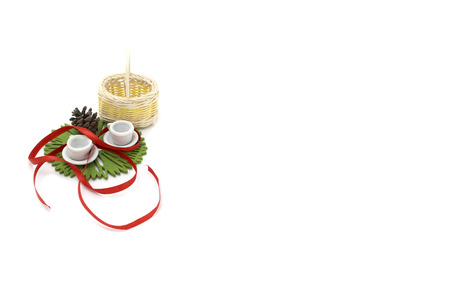 Picture with two miniature cup, mini basket and decorationsの写真素材