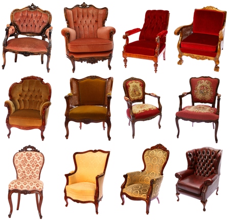 Collection of 12 different antique-style chairs isolated on white backgroundの写真素材