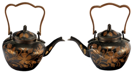 Black and bronze decorated kettle  (view from different angles) isolated on white backgroundの写真素材