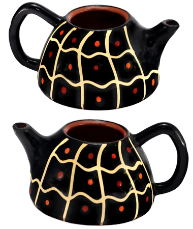 Black homemade kettle with dots and lines  (view from different angles) isolated on white backgroundの写真素材