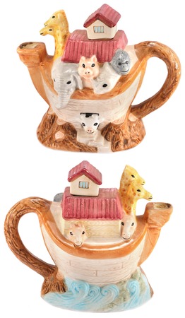 Noah ark styled ceramic kettle  (view from different angles) isolated on white backgroundの写真素材