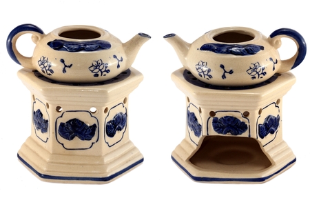Ceramic fondue dish  (view from different angles) isolated on white backgroundの写真素材