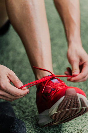 Close-up of a runner lacing up his shoes before going out for a run
