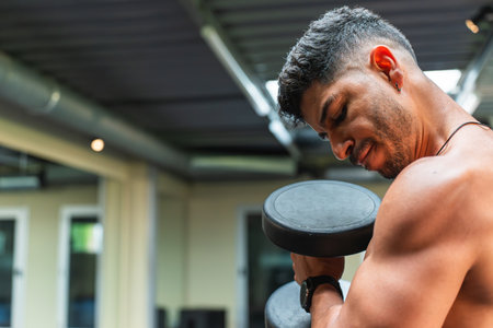 Latino man doing an arm workout with dumbbells at the gymの写真素材