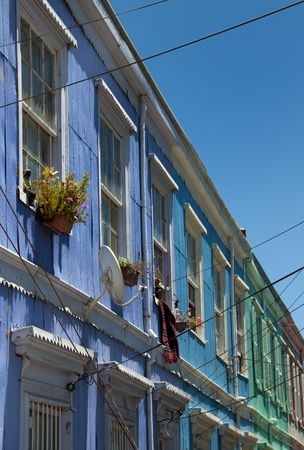Row of colorful houses in Valpariso, Chileの写真素材