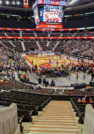 OTTAWA - MARCH 10: The Carleton Ravens and the Lakehead Thunderwolves compete in the final of the 2013 Men's CIS Basketball Final 8 Championship at Scotiabank Place, Ottawa on March 10 2013. The Ravens won 92-42 to claim their record ninth championship.のeditorial素材