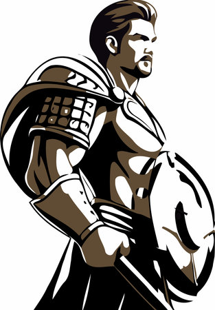 A Spartan warrior, clad in bronze armor, stands tall and resolute. With a fierce gaze, they hold a shield and spear, ready for battle. A crimson cape billows behind,のイラスト素材