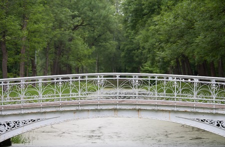 Arch of white metal footbridge in front of green trees.の写真素材